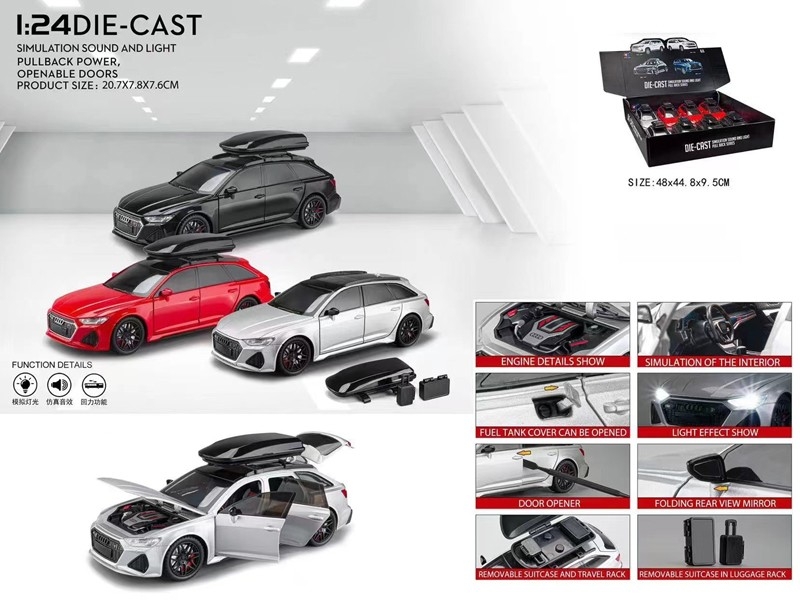 1:24 PULL BACK DIE-CAST CAR W/LIGHT & SOUND (CAN OPEN 7 DOORS, 3 COLORS, INCLUDED BATTERY, 8 PCS/DISPLAY BOX - HP1179884