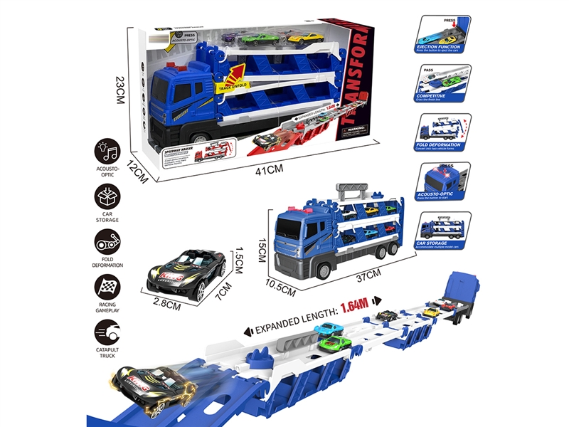 FRICTION TRANSFORMABLE SPEEDWAY HAULER W/LIGHT & MUSIC & DIE CAST CAR 4PCS - HP1193732