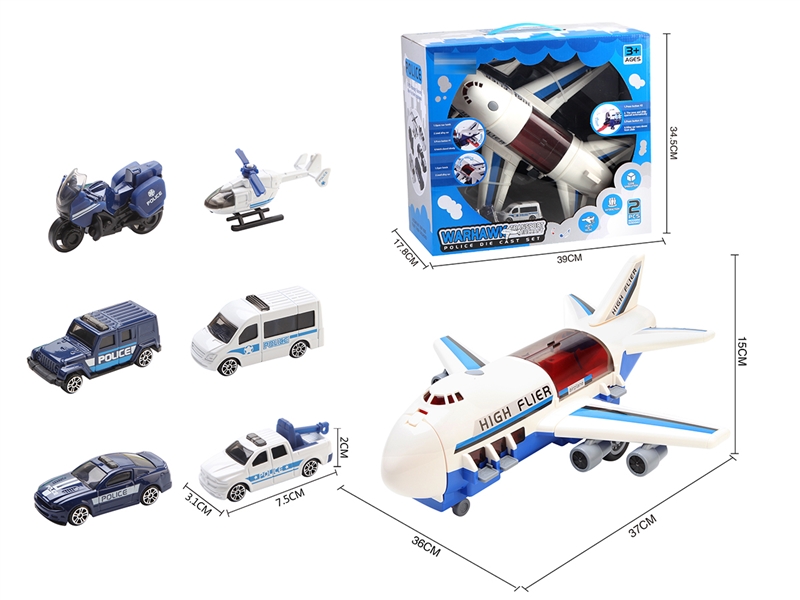 FRICTION ASSSEMBLE PLANE W/LIGHT & MUSIC & FREE WAY DIE-CAST FIRE POLICE CAR 2PCS（NOT INCLUDED BATTERY） - HP1208421
