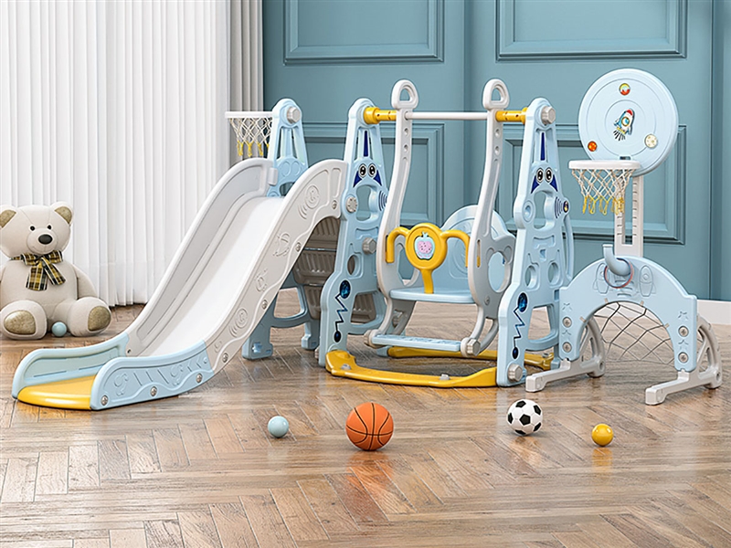 CHILDRENS INDOOR SLIDE W/SWING BASKETBALL SET（GREEN/BLUE） - HP1230801