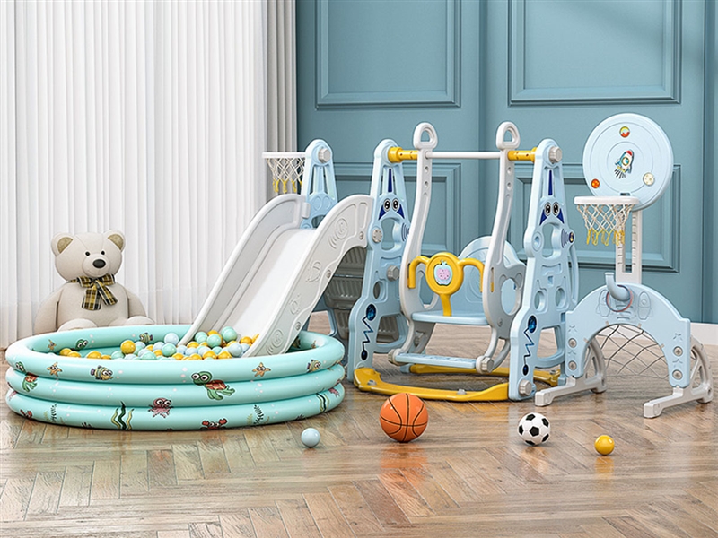 CHILDRENS INDOOR SLIDE W/SWING BASKETBALL SET（GREEN/BLUE） - HP1230802