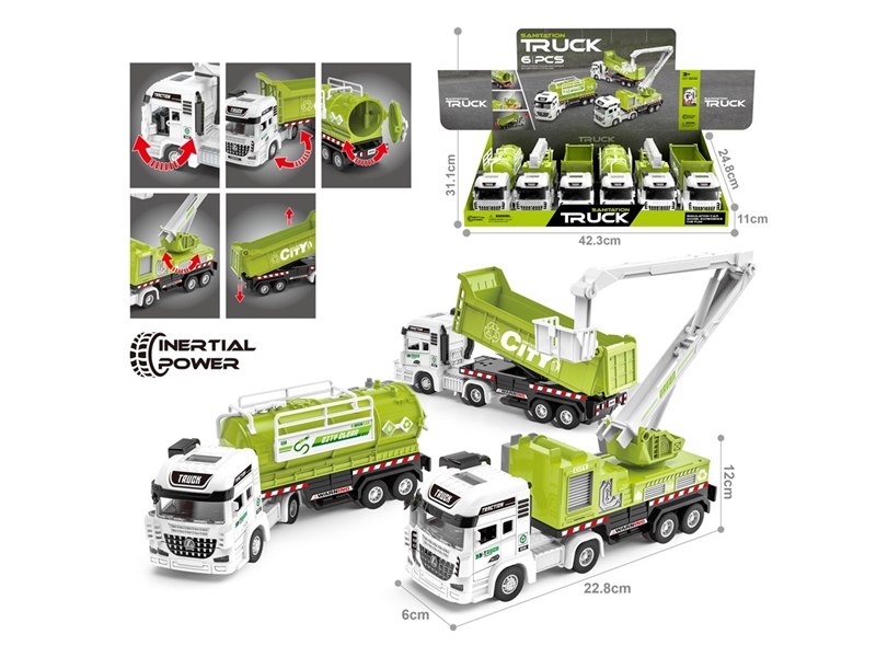 ABS材质惯性环卫车（洒水车、登高车、垃圾车3款混装）6只装 - HP1234632
