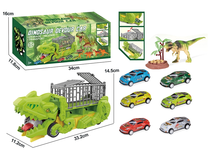 FRICTION DINOSAUR STORAGE TRUCK W/ACCESSORIES & PULL BACK DIE-CAST CAR 2PCS - HP1260365