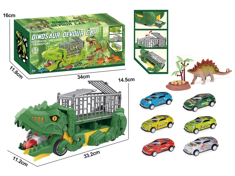 FRICTION DINOSAUR STORAGE TRUCK W/ACCESSORIES & PULL BACK DIE-CAST CAR 2PCS - HP1260369
