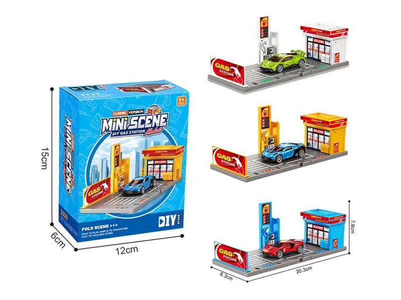 GAS STATION SET W/1PCS DIE-CAST FREE WAY CAR,3COLORS - HP1263351
